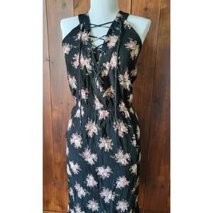 American Eagle Women Sm. Maxi Dress Black Floral Cottagecore Sleeveless Keyhole